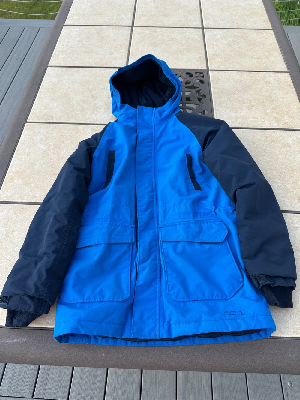 Lands' End Boys' Bright Blue Hooded Puffer with Navy Sleeves
